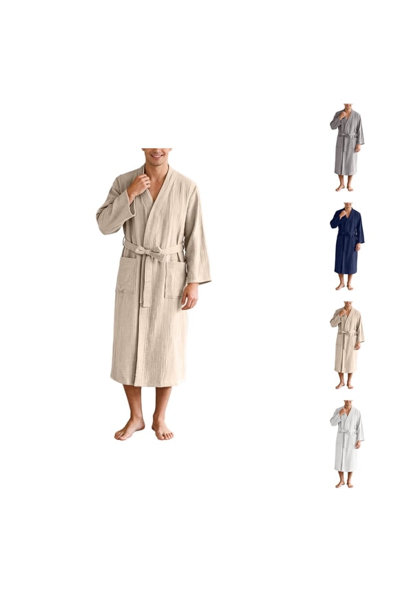 Long Kimono Robe for Men Long Sleeve Lightweight Cotton Bathrobe Yukata Sauna Spa Robes with Pockets Shower Robe