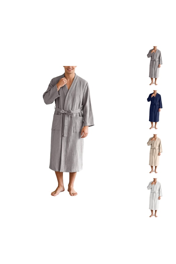 Long Kimono Robe for Men Long Sleeve Lightweight Cotton Bathrobe Yukata Sauna Spa Robes with Pockets Shower Robe