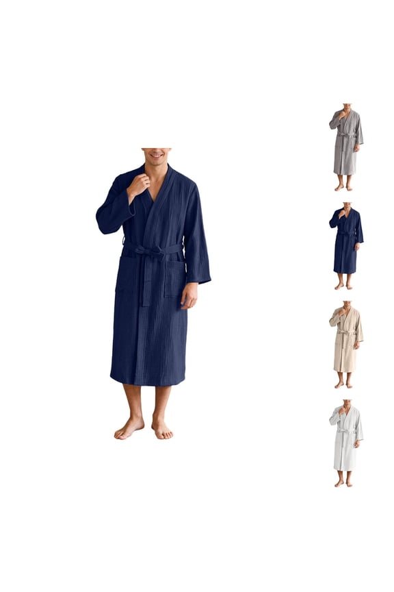 Long Kimono Robe for Men Long Sleeve Lightweight Cotton Bathrobe Yukata Sauna Spa Robes with Pockets Shower Robe