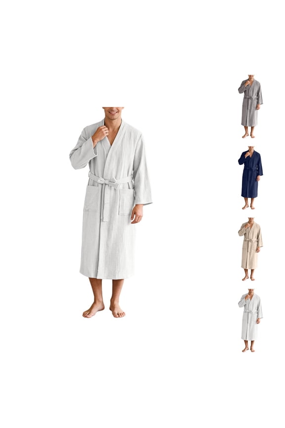 Long Kimono Robe for Men Long Sleeve Lightweight Cotton Bathrobe Yukata Sauna Spa Robes with Pockets Shower Robe