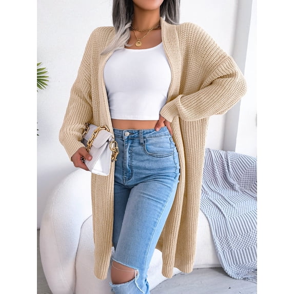 Long Knitted Cardigan Sweater (M, Beige)