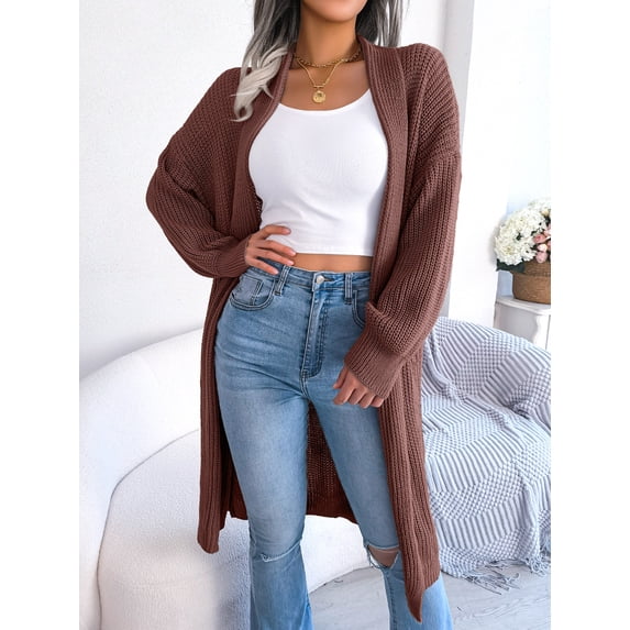 Long Knitted Cardigan Sweater (S, Brown)