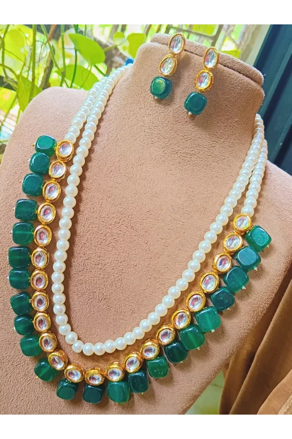 Long Kundan Pearl Haar Necklace Bollywood Gold Plated Wedding Indian Jewelry Set