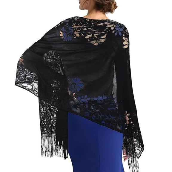 Long Lace Shawl Hollowed Shoulder Wrap Scarf Shawl With Tassels Designs Flower Pattern Shawl For Casual Formal Outfit