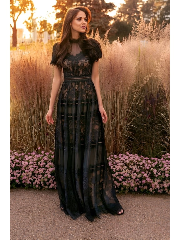 Long Lace Short Sleeve Evening Dress, Formal Black Gown for Galas