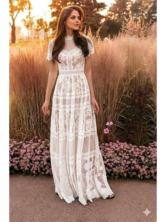 Long Lace Short Sleeve Evening Dress, Formal Gown for Galas