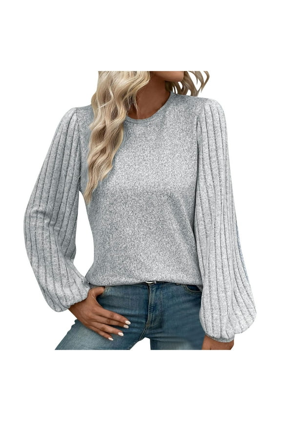 Long Lantern Sleeve Sweater for Women Loose Fitting Knitted Casual Crew Neck Tunic Tops Fall Trendy Pullover Tops,Gray,M