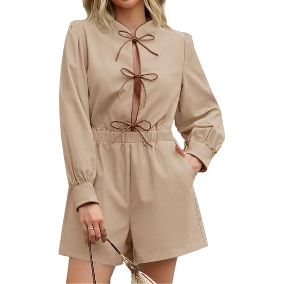Long Lantern Sleeve Tie Front Women Casual Jumpsuit Shorts One Piece Romper