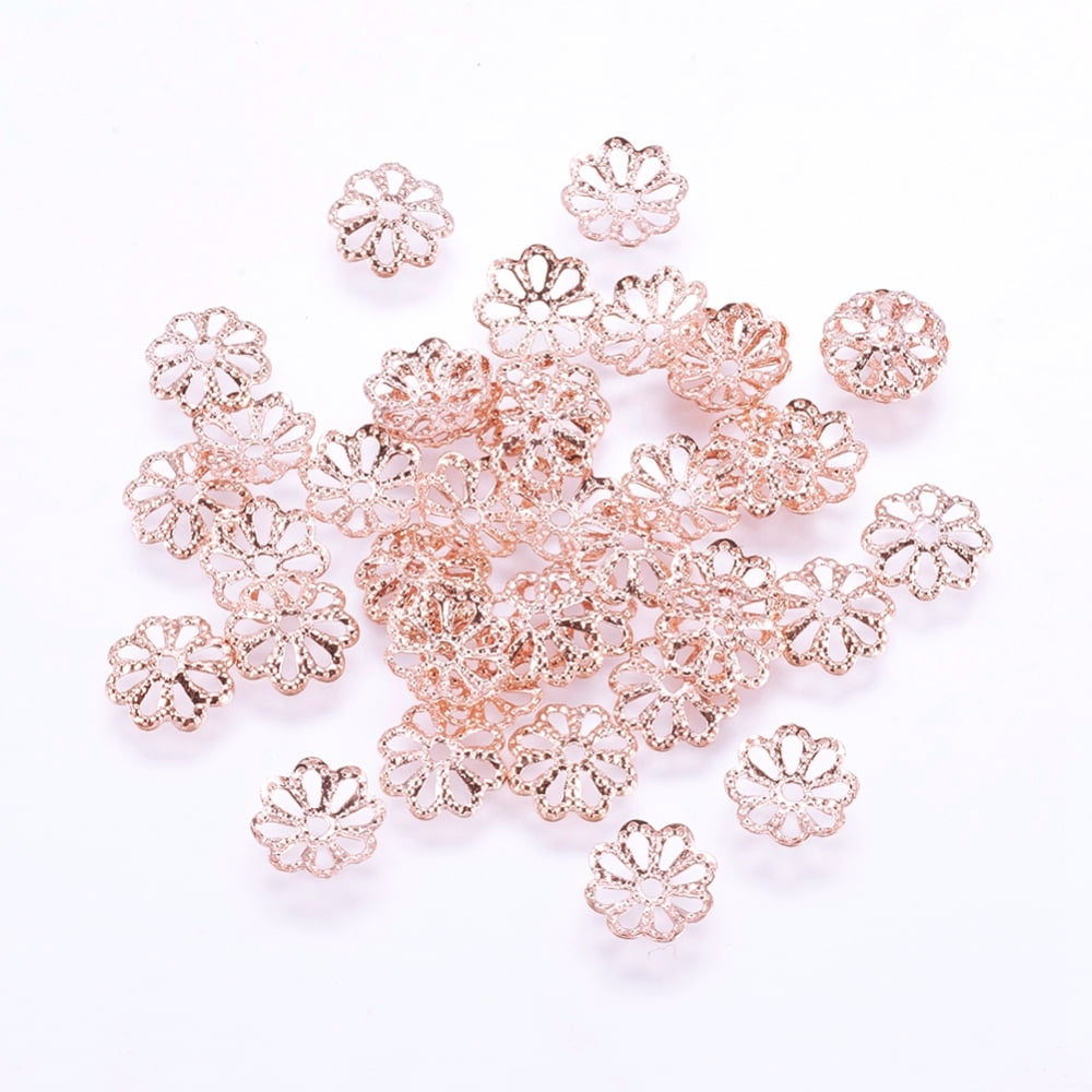 Long-Lasting Plated Brass Fancy Bead Caps Multi-Petal Real Rose Gold Plated Flower Rose Gold 8x1mm Hole: 1mm