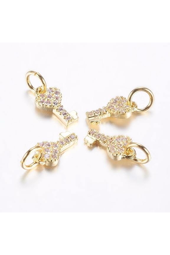 Long-Lasting Plated Brass Micro Pave Cubic Zirconia Charms Heart Key Real 18K golden Plated 10x5x1.5mm Hole: 3mm
