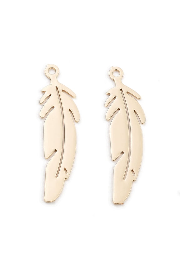 Long-Lasting Plated Brass Pendants Cadmium Free & Nickel Free & Lead Free Feather Light golden 22.5x6x0.3mm Hole: 1mm