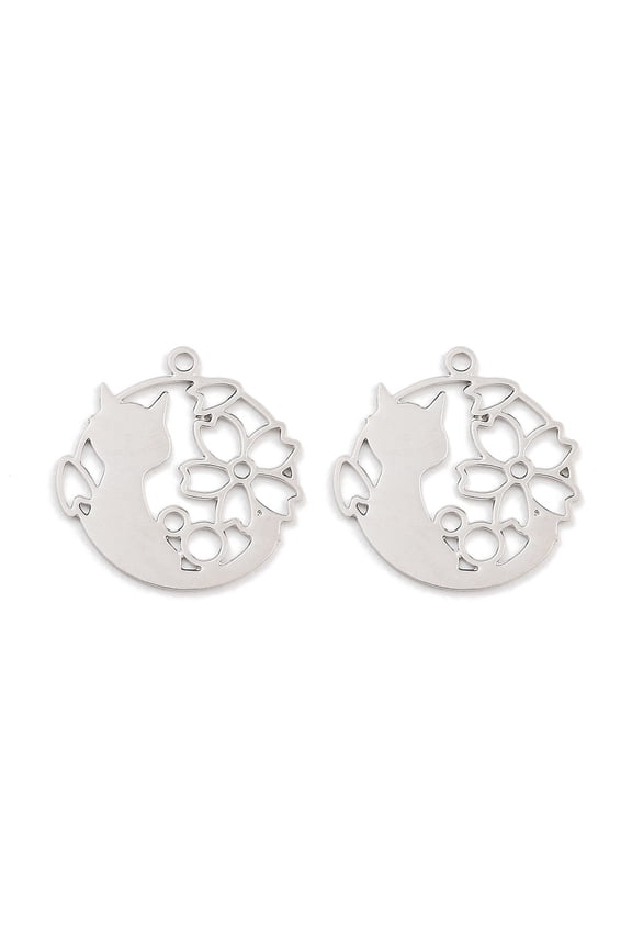 Long-Lasting Plated Brass Pendants Cat with Flower Platinum 14x13.5x0.3mm Hole: 1mm