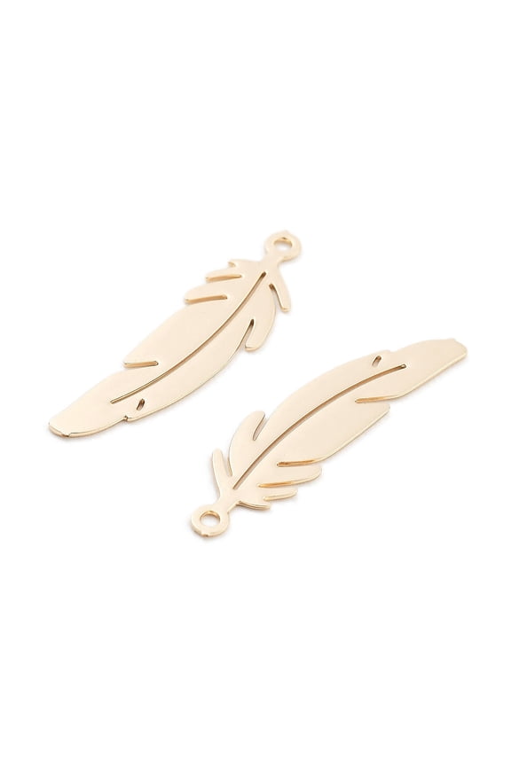 Long-Lasting Plated Brass Pendants Feather Light golden 22.5x6x0.3mm Hole: 1mm