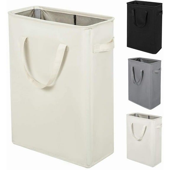 Long Laundry Basket with Handles Slim Foldable 45L Beige