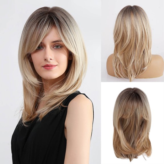 Long Layered Blonde Wig with Bangs for Women, Wavy Synthetic Wig Heat Resistant Hair for Daily Party Use(Khaki,One Size)
