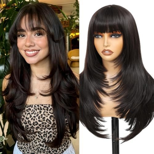 Long Layered Dark Brown Wig with Bangs for Women 26Inch,Realistic Scalp, Heat Resistant Synthetic Wig, Looking Wigs for Daily Wear & Part