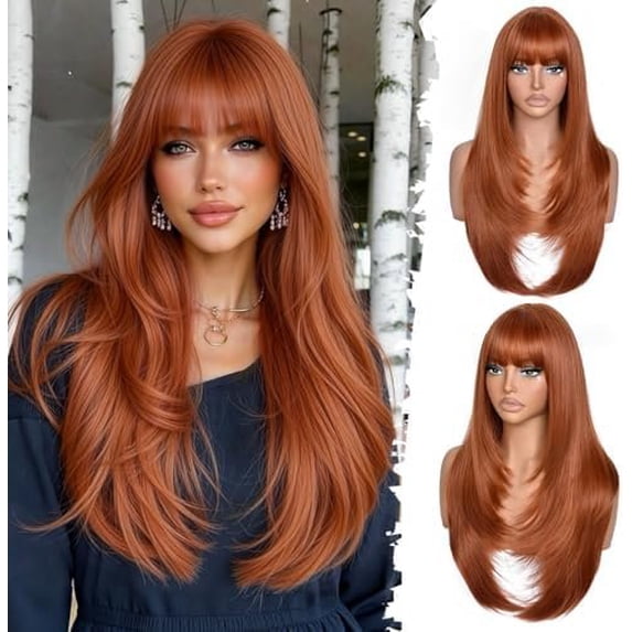 Long Layered Wig with Bangs for Women Synthetic Heat Resistant Realistic Scalp Free Parting Wigs for Daily and Party Use(Ginger, 26 Inch)