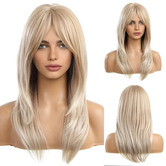 Long Layered Wigs for Women Middle Part Synthetic Hair Wig with Bangs for Daily Use A2