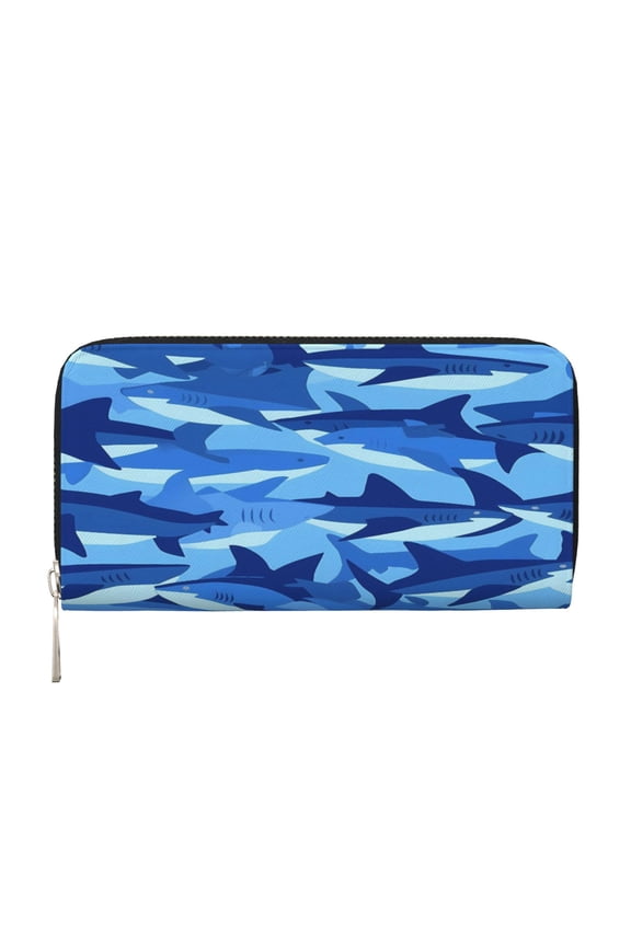Long Leather Clutch With A Zippered Pocket For Easy Access And Multiple Card Slotsperfect For Daily Commutes Or Travel Blue Shark