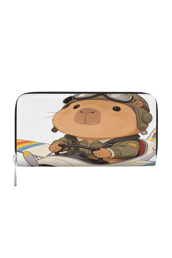 Long Leather Clutch With A Zippered Pocket For Easy Access And Multiple Card Slotsperfect For Daily Commutes Or Travel Capybara Pilots A Plane
