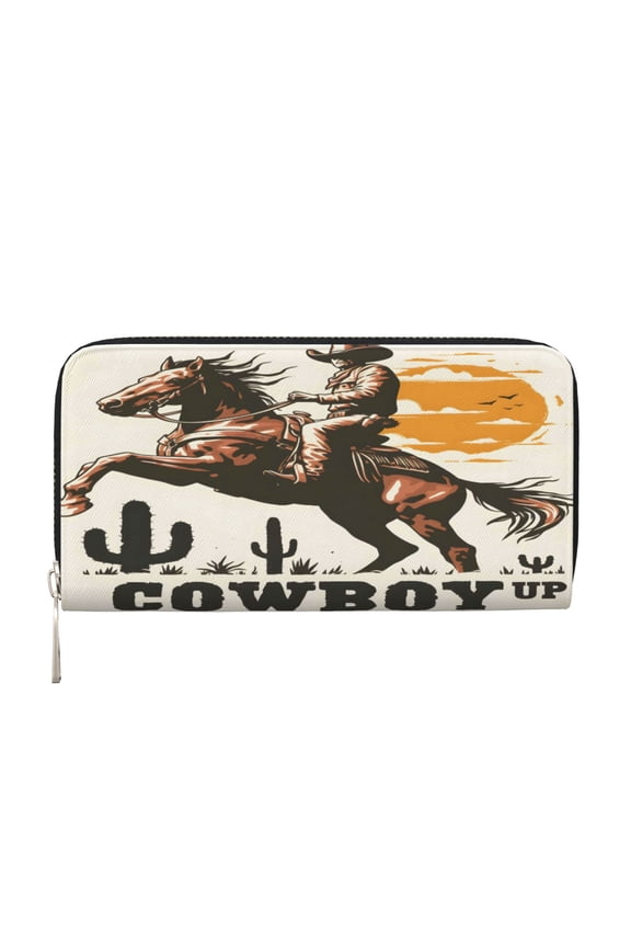 Long Leather Clutch With A Zippered Pocket For Easy Access And Multiple Card Slotsperfect For Daily Commutes Or Travel Cowboy Riding A Horse