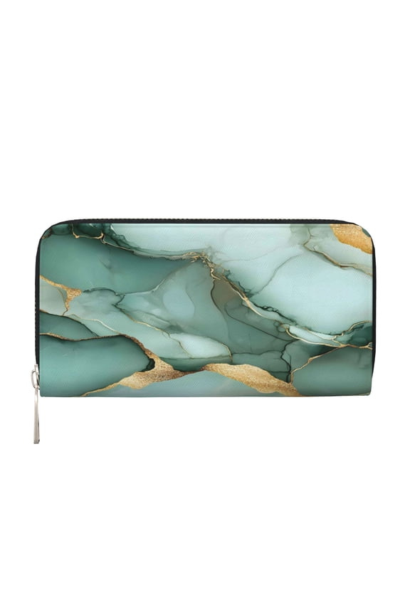Long Leather Clutch With A Zippered Pocket For Easy Access And Multiple Card Slotsperfect For Daily Commutes Or Travel Light Green Gold Marble