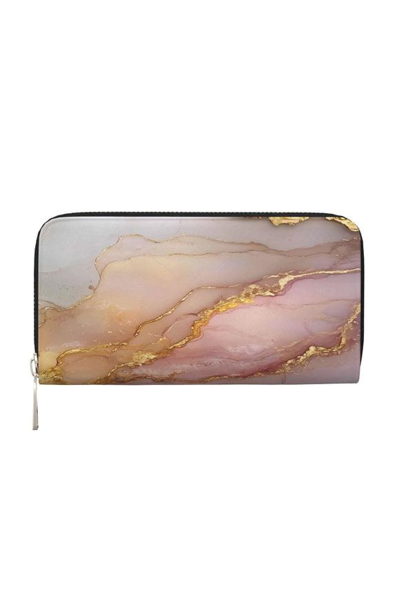 Long Leather Clutch With A Zippered Pocket For Easy Access And Multiple Card Slotsperfect For Daily Commutes Or Travel Lightpink White Gold Marble