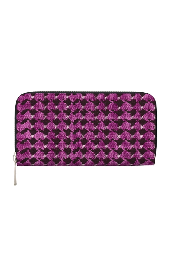 Long Leather Clutch With A Zippered Pocket For Easy Access And Multiple Card Slotsperfect For Daily Commutes Or Travel Magenta Houndstooth_1