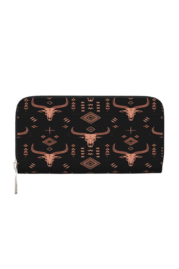 Long Leather Clutch With A Zippered Pocket For Easy Access And Multiple Card Slotsperfect For Daily Commutes Or Travel Art African Tribal Motifs Water Buffalo Skulls