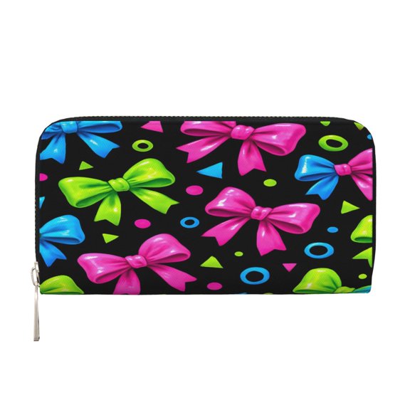 Long Leather Clutch With A Zippered Pocket For Easy Access And Multiple Card Slotsperfect For Daily Commutes Or Travel Bold Neon Contemporary Ribbon Bow Pattern