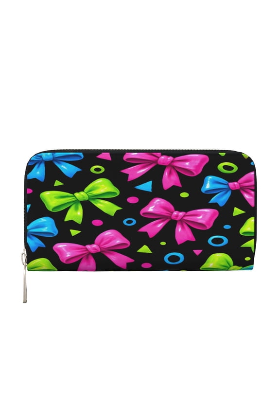 Long Leather Clutch With A Zippered Pocket For Easy Access And Multiple Card Slotsperfect For Daily Commutes Or Travel Bold Neon Contemporary Ribbon Bow Pattern