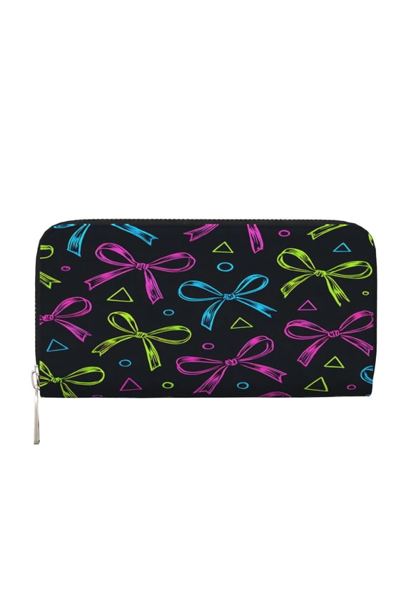Long Leather Clutch With A Zippered Pocket For Easy Access And Multiple Card Slotsperfect For Daily Commutes Or Travel Bold Thin Neon Contemporary Ribbon Bow Pattern