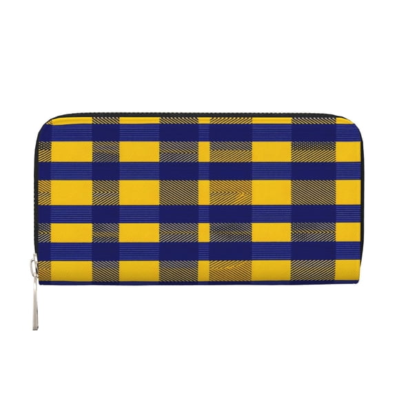 Long Leather Clutch With A Zippered Pocket For Easy Access And Multiple Card Slotsperfect For Daily Commutes Or Travel Buffalo Plaid Check Yellow Royal Blue