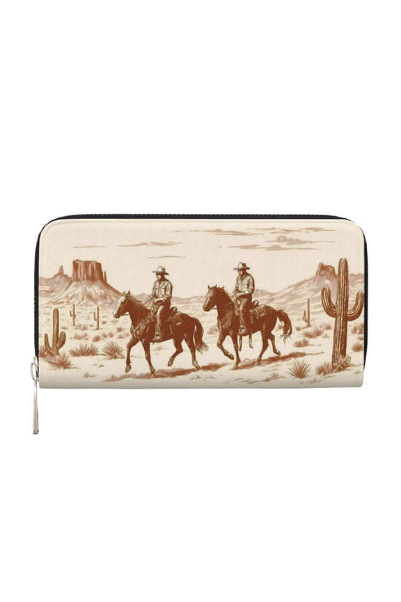 Long Leather Clutch With A Zippered Pocket For Easy Access And Multiple Card Slotsperfect For Daily Commutes Or Travel Cowboy Riding A Horse In The Desert