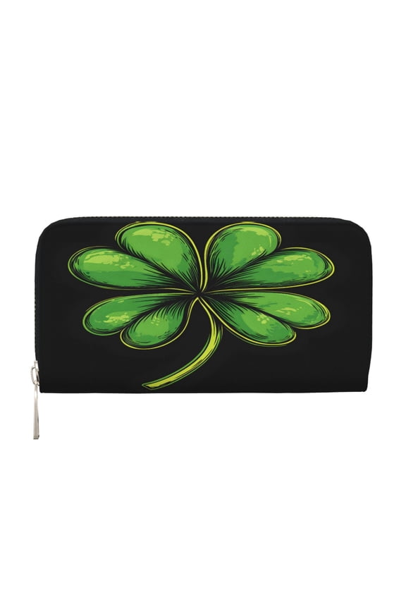 Long Leather Clutch With A Zippered Pocket For Easy Access And Multiple Card Slotsperfect For Daily Commutes Or Travel Green Clover Shamrock Lucky St