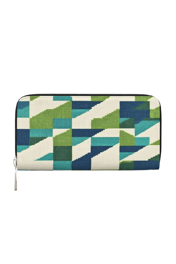 Long Leather Clutch With A Zippered Pocket For Easy Access And Multiple Card Slotsperfect For Daily Commutes Or Travel Lightseagreen Colorful Houndstooth_4