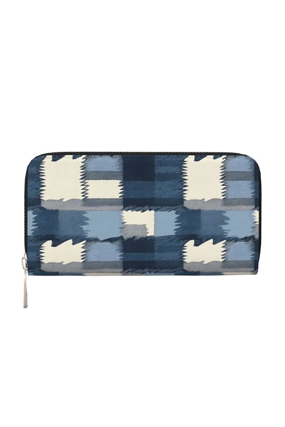 Long Leather Clutch With A Zippered Pocket For Easy Access And Multiple Card Slotsperfect For Daily Commutes Or Travel Mediumblue Houndstooth Buffalo Plaid Tartan Check Scotland Hand-Drawn Sketch_1