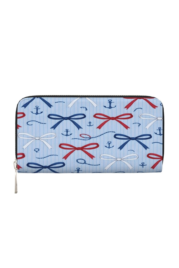Long Leather Clutch With A Zippered Pocket For Easy Access And Multiple Card Slotsperfect For Daily Commutes Or Travel Nautical Theme Thin Ribbon Bow Pattern