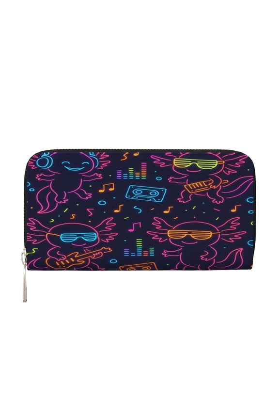 Long Leather Clutch With A Zippered Pocket For Easy Access And Multiple Card Slotsperfect For Daily Commutes Or Travel Neon Party Axolotls - 80s Synthwave