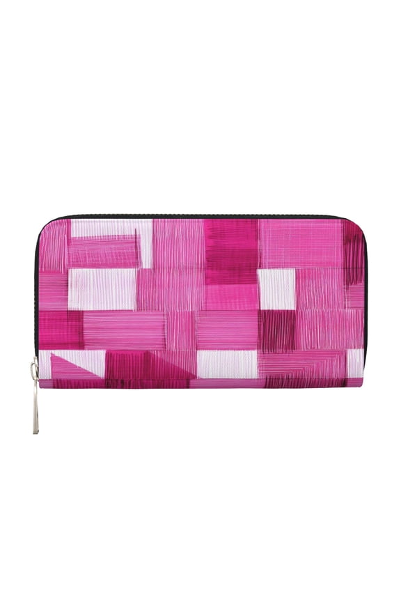 Long Leather Clutch With A Zippered Pocket For Easy Access And Multiple Card Slotsperfect For Daily Commutes Or Travel Pink Abstract Houndstooth Hand-Drawn Sketch_1