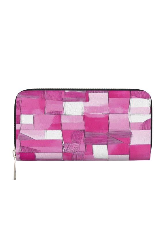Long Leather Clutch With A Zippered Pocket For Easy Access And Multiple Card Slotsperfect For Daily Commutes Or Travel Pink Abstract Houndstooth Hand-Drawn Sketch_2