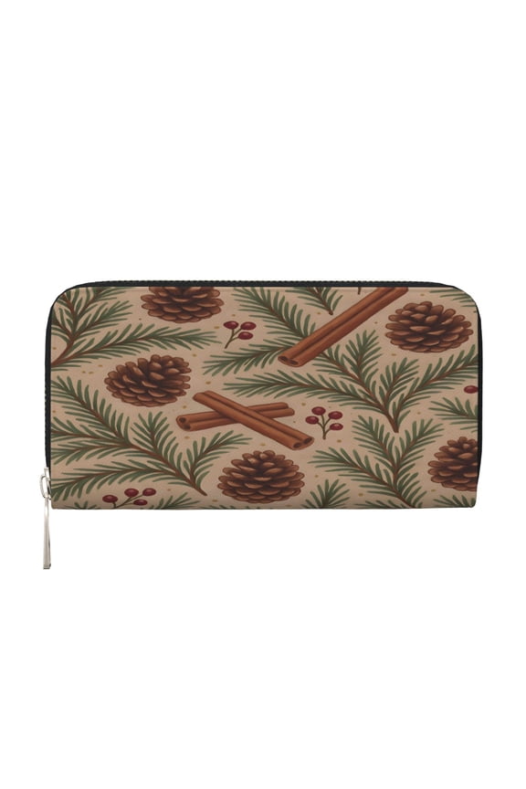 Long Leather Clutch With A Zippered Pocket For Easy Access And Multiple Card Slotsperfect For Daily Commutes Or Travel Rustic Pine And Pinecone Pattern
