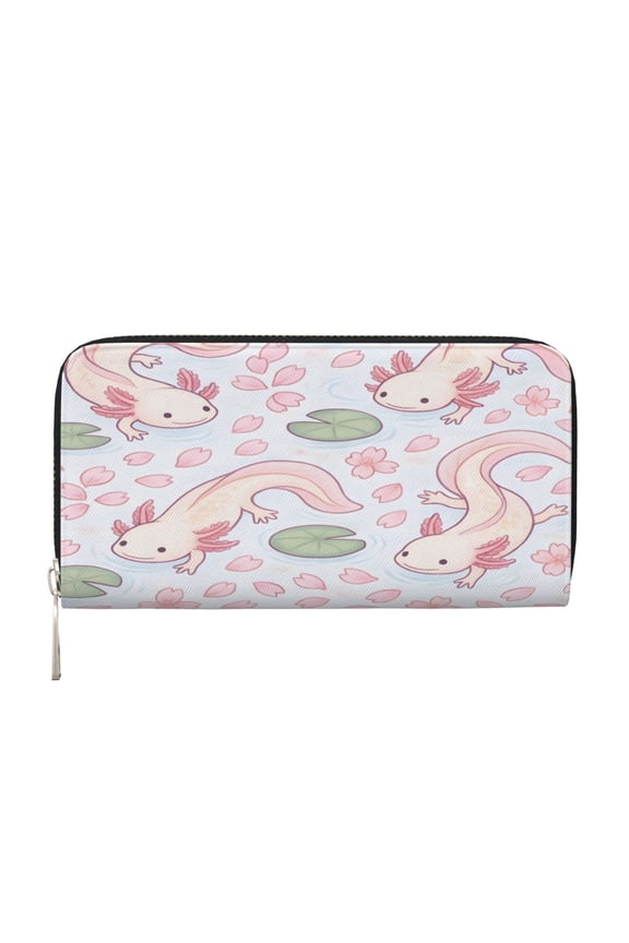 Long Leather Clutch With A Zippered Pocket For Easy Access And Multiple Card Slotsperfect For Daily Commutes Or Travel Sakura Pond Axolotls - Japanese Pastel
