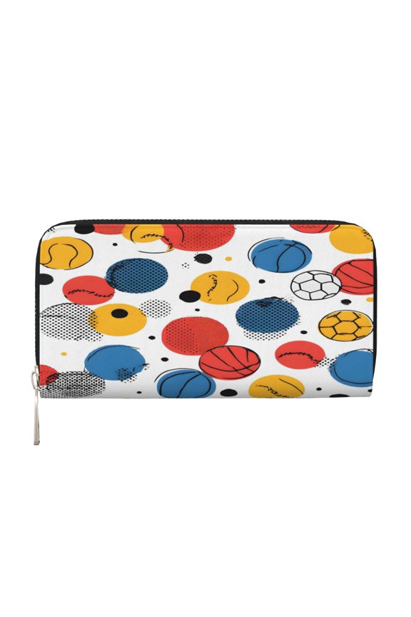 Long Leather Clutch With A Zippered Pocket For Easy Access And Multiple Card Slotsperfect For Daily Commutes Or Travel Seamless Pattern, Geometric Sports Balls, Bright Multicolor