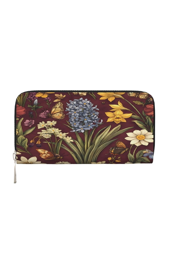 Long Leather Clutch With A Zippered Pocket For Easy Access And Multiple Card Slotsperfect For Daily Commutes Or Travel Spring Flowers Hyacinths Daffodil Butterflies Bees