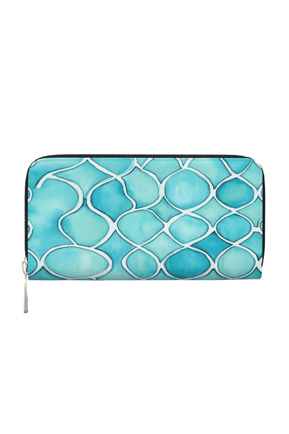 Long Leather Clutch With A Zippered Pocket For Easy Access And Multiple Card Slotsperfect For Daily Commutes Or Travel Turquoise Moroccan Trellis Hand-Drawn Sketch_4