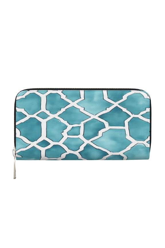 Long Leather Clutch With A Zippered Pocket For Easy Access And Multiple Card Slotsperfect For Daily Commutes Or Travel Turquoise Moroccan Trellis Hand-Drawn Sketch_62922_1