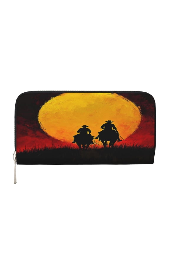 Long Leather Clutch With A Zippered Pocket For Easy Access And Multiple Card Slotsperfect For Daily Commutes Or Travel Western Cowboy Riding Horse At Sunset