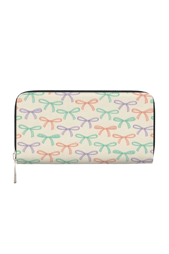 Long Leather Clutch With A Zippered Pocket For Easy Access And Multiple Card Slotsperfect For Daily Commutes Or Travel Whimsical Thin Polka Dot And Striped Ribbon Bow Pattern