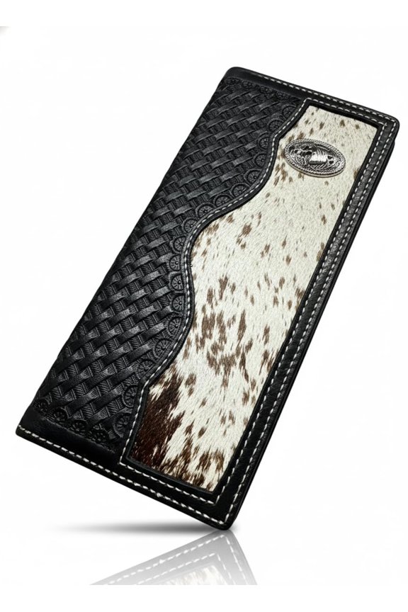 Long Leather Western Wallet for Men - Horse Concho with Cowhair Inlay and Basket Weave Tooled Design - Rodeo Style Bifold A101